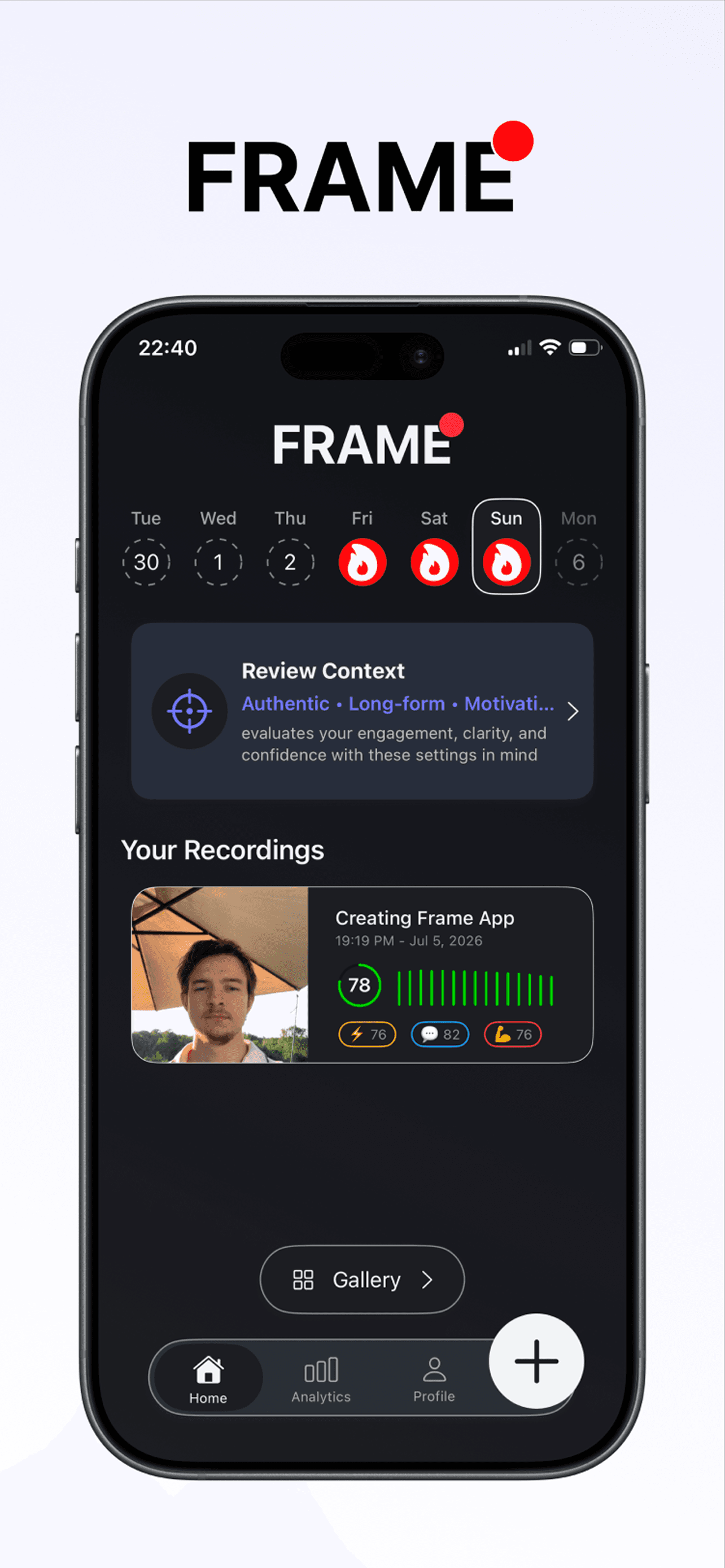 FRAME home screen